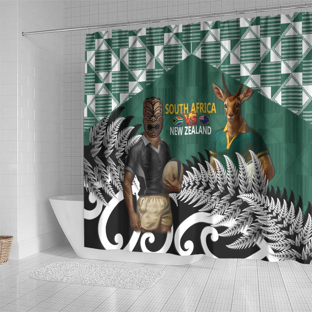 New Zealand South Africa Rugby Shower Curtain Springboks Kente All Black Maori Together - Polynesian Pride