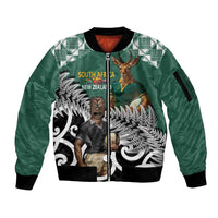 New Zealand South Africa Rugby Custom Sleeve Zip Bomber Jacket Springboks Kente All Black Maori Together LT14 Unisex Green - Polynesian Pride