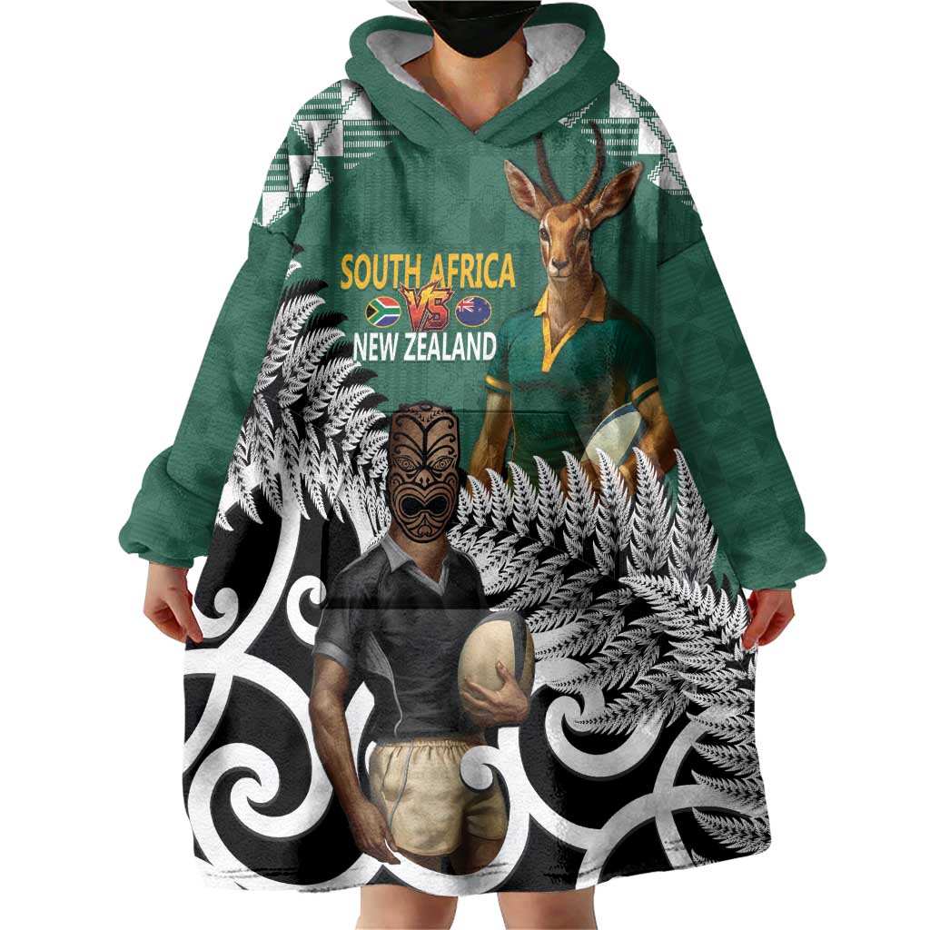 New Zealand South Africa Rugby Custom Wearable Blanket Hoodie Springboks Kente All Black Maori Together - Polynesian Pride