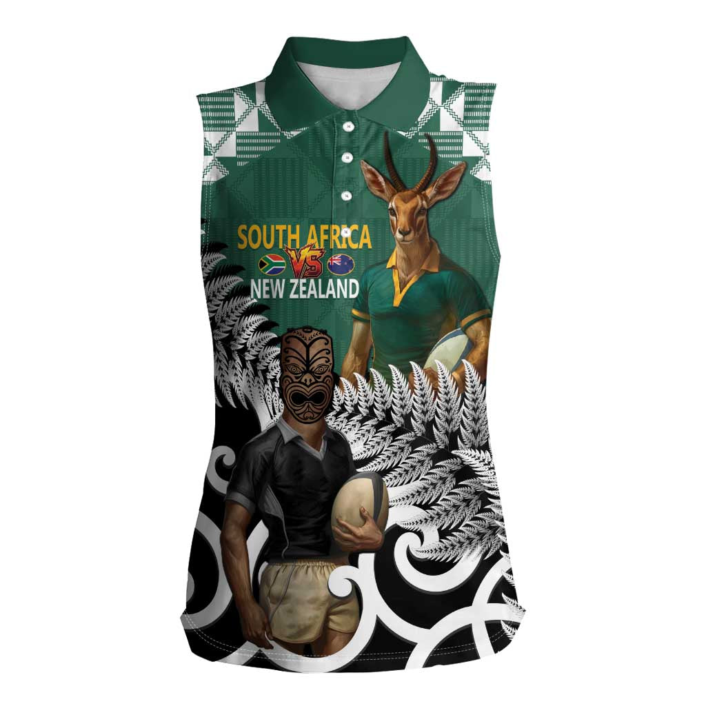 New Zealand South Africa Rugby Custom Women Sleeveless Polo Shirt Springboks Kente All Black Maori Together - Polynesian Pride