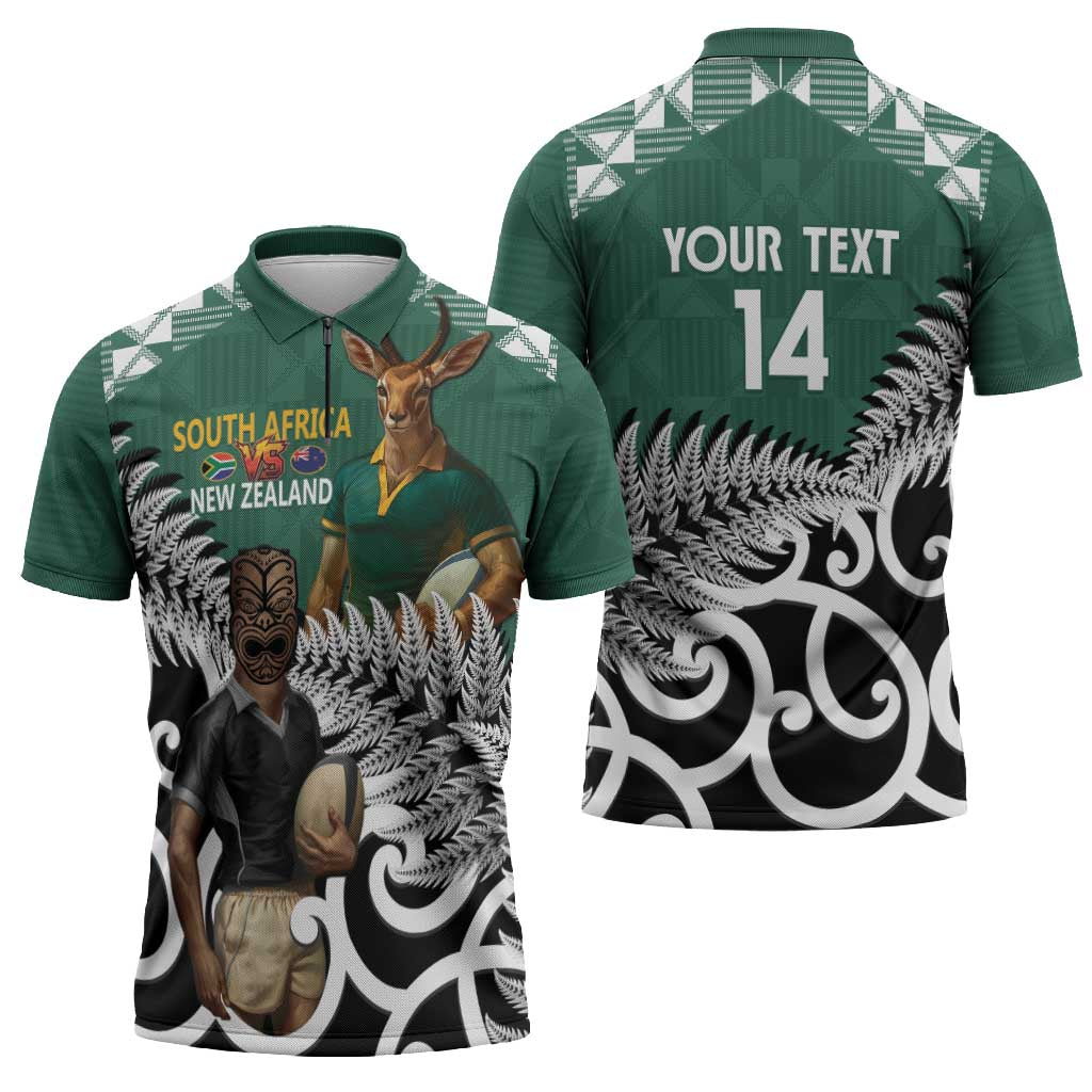 New Zealand South Africa Rugby Custom Zipper Polo Shirt Springboks Kente All Black Maori Together - Polynesian Pride