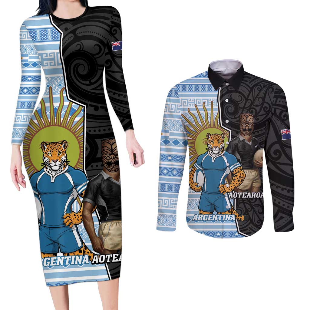 New Zealand Argentina Rugby Custom Couples Matching Long Sleeve Bodycon Dress and Long Sleeve Button Shirt 2025 Los Pumas All Black Together - Polynesian Pride