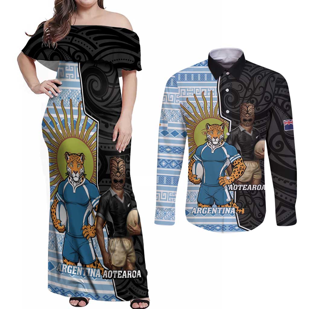 New Zealand Argentina Rugby Custom Couples Matching Off Shoulder Maxi Dress and Long Sleeve Button Shirt 2025 Los Pumas All Black Together - Polynesian Pride