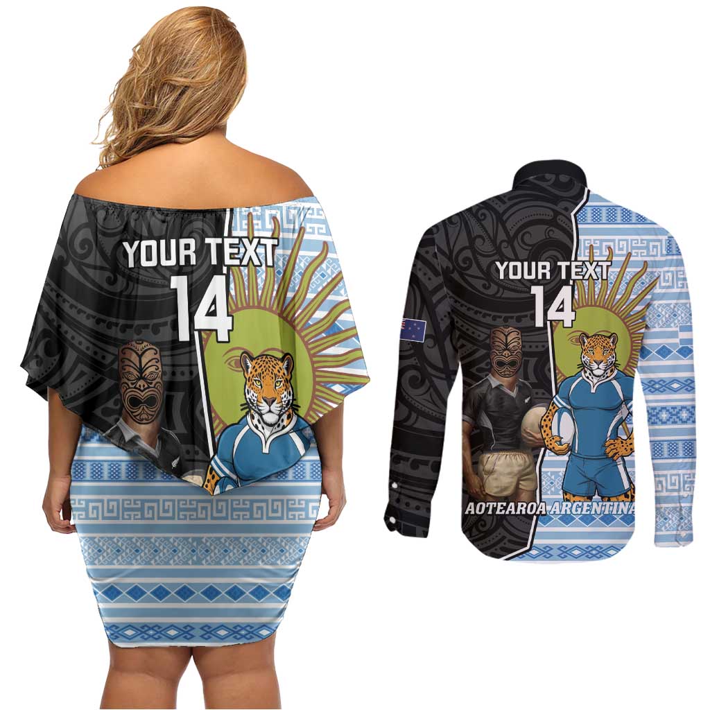 New Zealand Argentina Rugby Custom Couples Matching Off Shoulder Short Dress and Long Sleeve Button Shirt 2025 Los Pumas All Black Together - Polynesian Pride