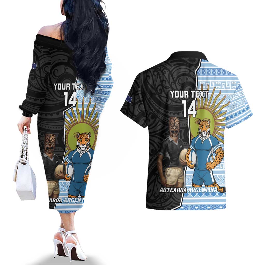 New Zealand Argentina Rugby Custom Couples Matching Off The Shoulder Long Sleeve Dress and Hawaiian Shirt 2025 Los Pumas All Black Together - Polynesian Pride