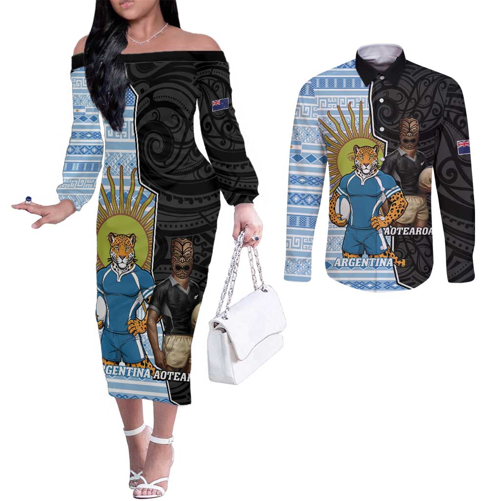 New Zealand Argentina Rugby Custom Couples Matching Off The Shoulder Long Sleeve Dress and Long Sleeve Button Shirt 2025 Los Pumas All Black Together - Polynesian Pride