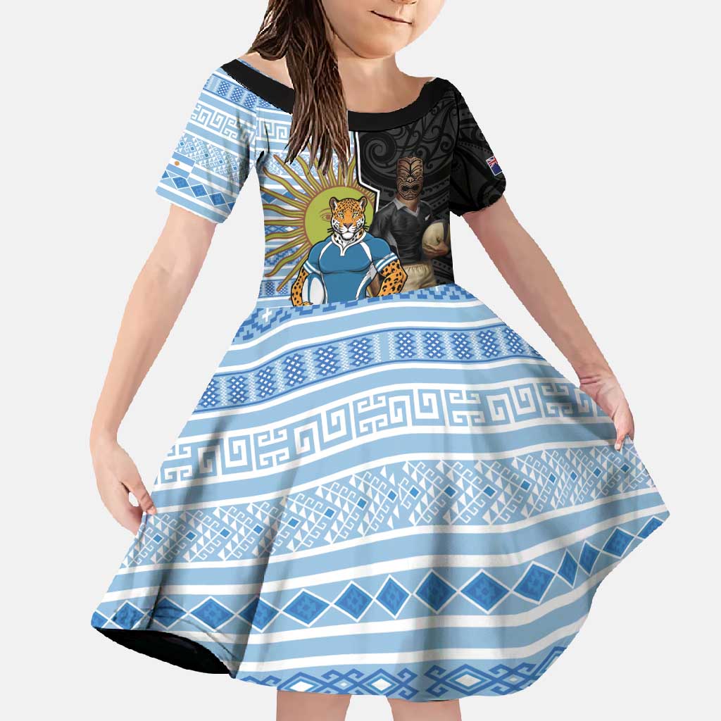 New Zealand Argentina Rugby Custom Family Matching Short Sleeve Bodycon Dress and Hawaiian Shirt 2025 Los Pumas All Black Together - Polynesian Pride