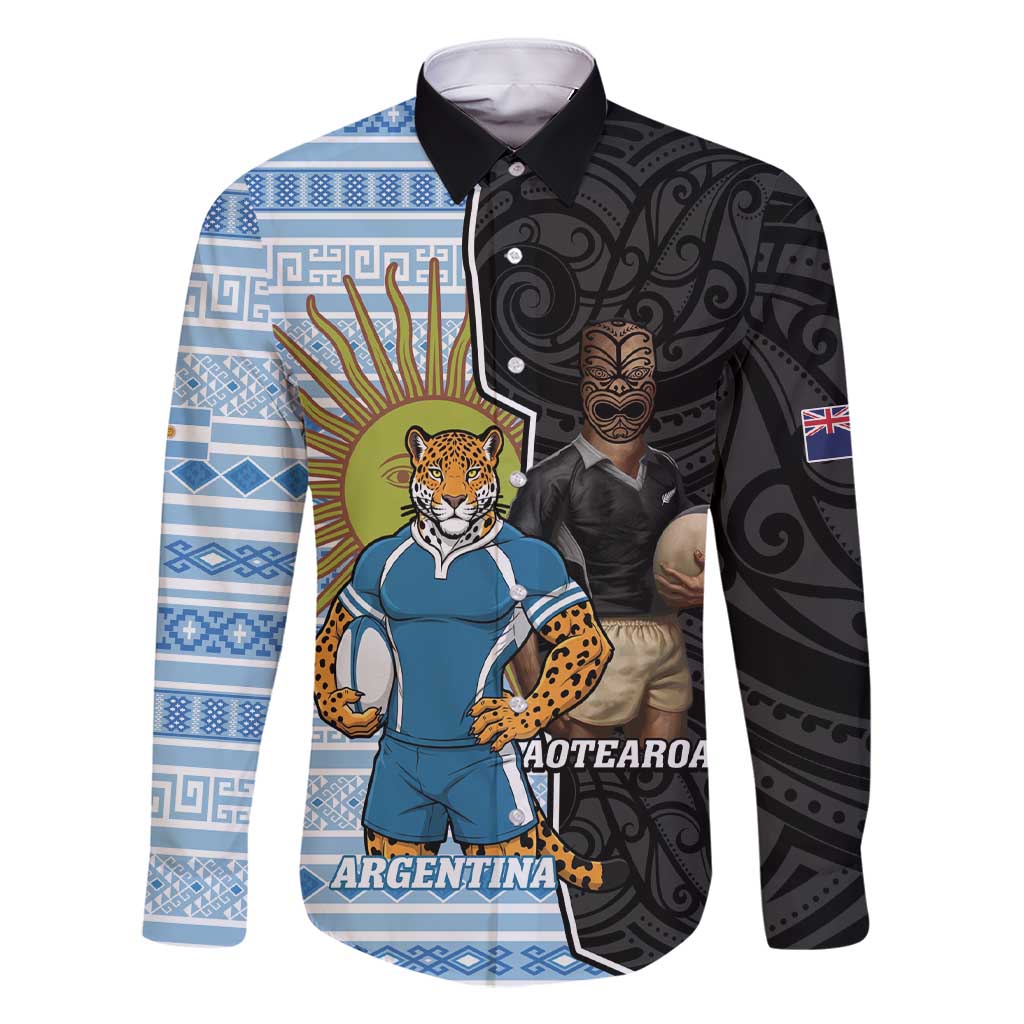New Zealand Argentina Rugby Custom Family Matching Short Sleeve Bodycon Dress and Hawaiian Shirt 2025 Los Pumas All Black Together - Polynesian Pride