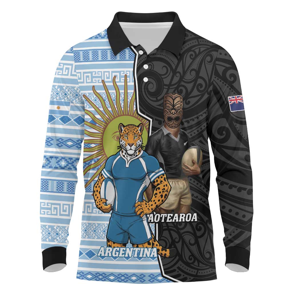 New Zealand Argentina Rugby Custom Long Sleeve Polo Shirt 2025 Los Pumas All Black Together - Polynesian Pride