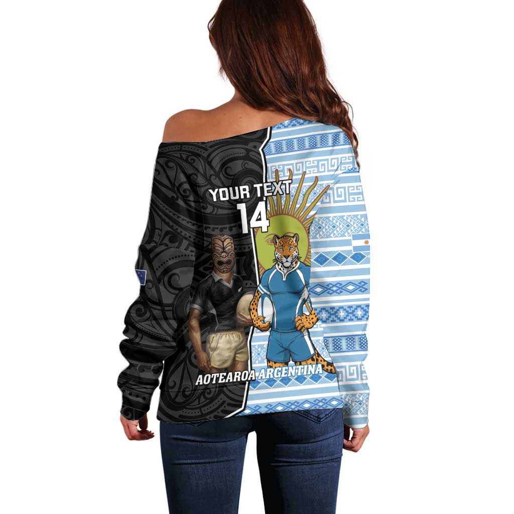 New Zealand Argentina Rugby Custom Off Shoulder Sweater 2025 Los Pumas All Black Together - Polynesian Pride