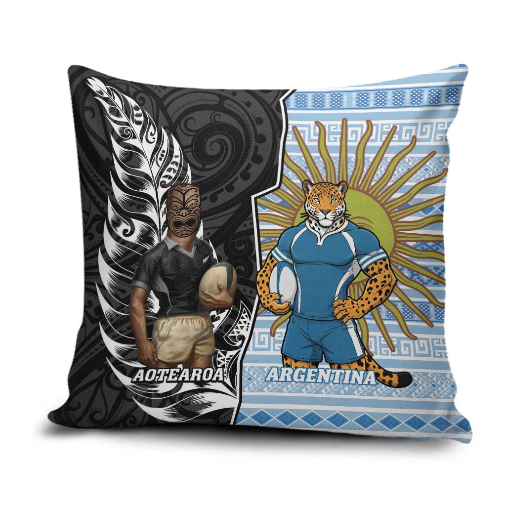 New Zealand Argentina Rugby Pillow Cover 2025 Los Pumas All Black Together LT14 Black - Polynesian Pride