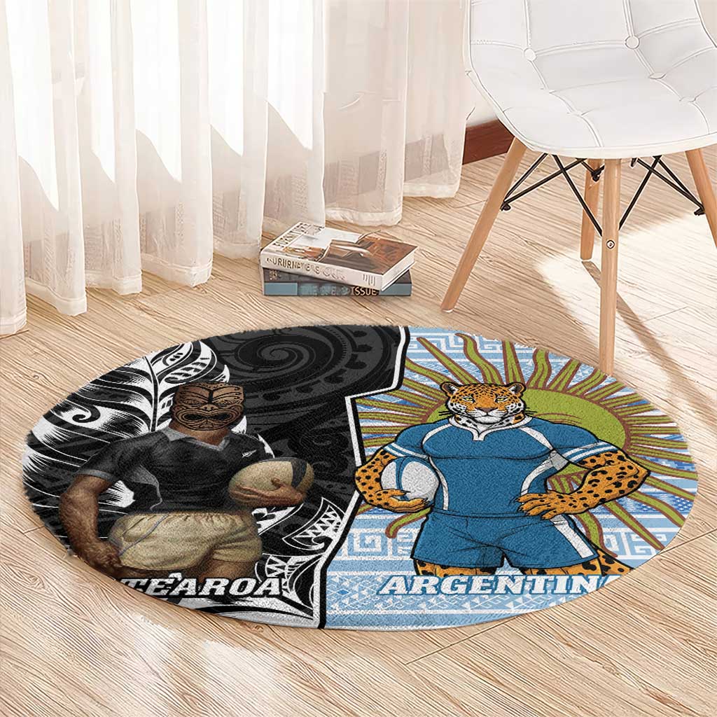 New Zealand Argentina Rugby Round Carpet 2025 Los Pumas All Black Together - Polynesian Pride