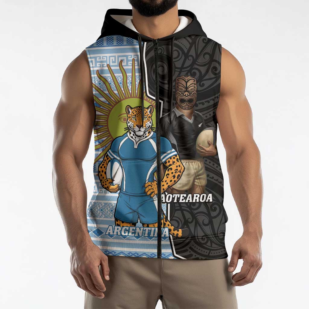 New Zealand Argentina Rugby Custom Sleeveless Zip Hoodie 2025 Los Pumas All Black Together - Polynesian Pride