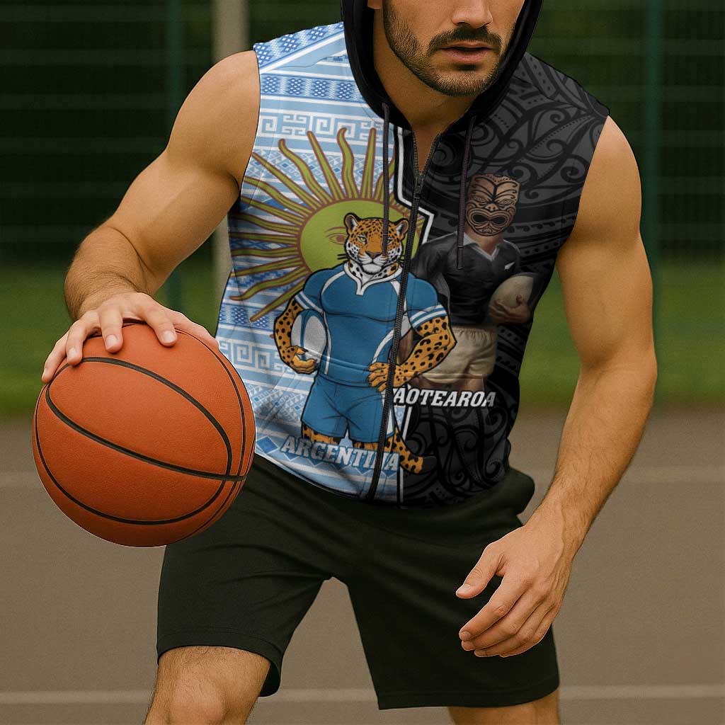 New Zealand Argentina Rugby Custom Sleeveless Zip Hoodie 2025 Los Pumas All Black Together - Polynesian Pride