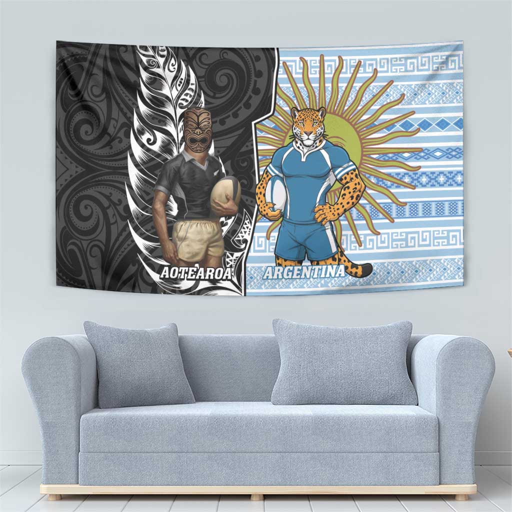New Zealand Argentina Rugby Tapestry 2025 Los Pumas All Black Together LT14 - Polynesian Pride