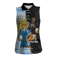 New Zealand Argentina Rugby Custom Women Sleeveless Polo Shirt 2025 Los Pumas All Black Together LT14 Female Black - Polynesian Pride