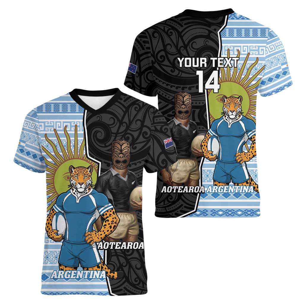 New Zealand Argentina Rugby Custom Women V-Neck T-Shirt 2025 Los Pumas All Black Together LT14 - Polynesian Pride