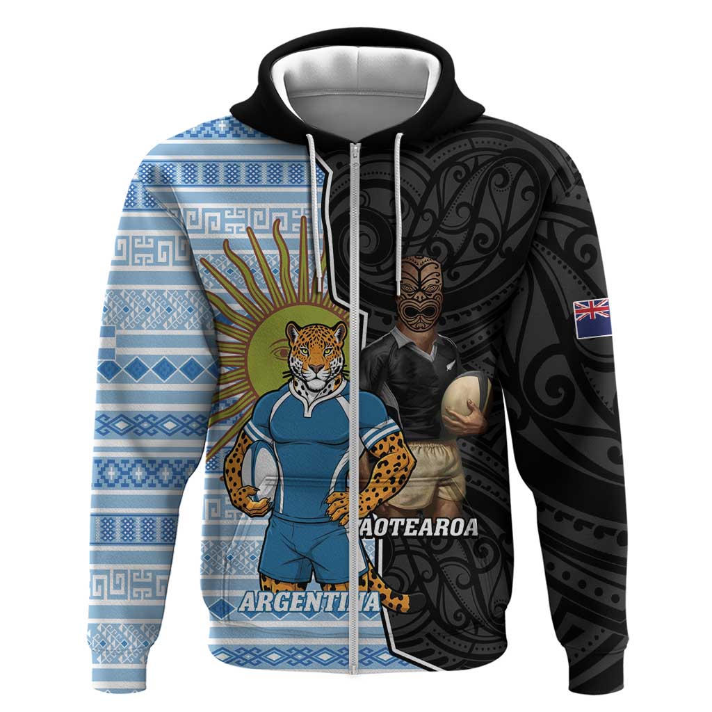New Zealand Argentina Rugby Custom Zip Hoodie 2025 Los Pumas All Black Together - Polynesian Pride