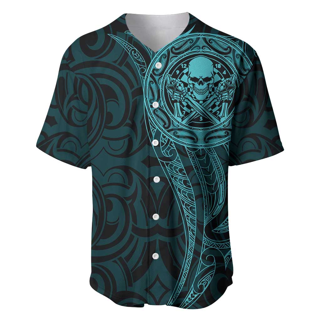 New Zealand Skull Darts Baseball Jersey Aotearoa Maori Chest Tattoo Stylized Teal - Polynesian Pride