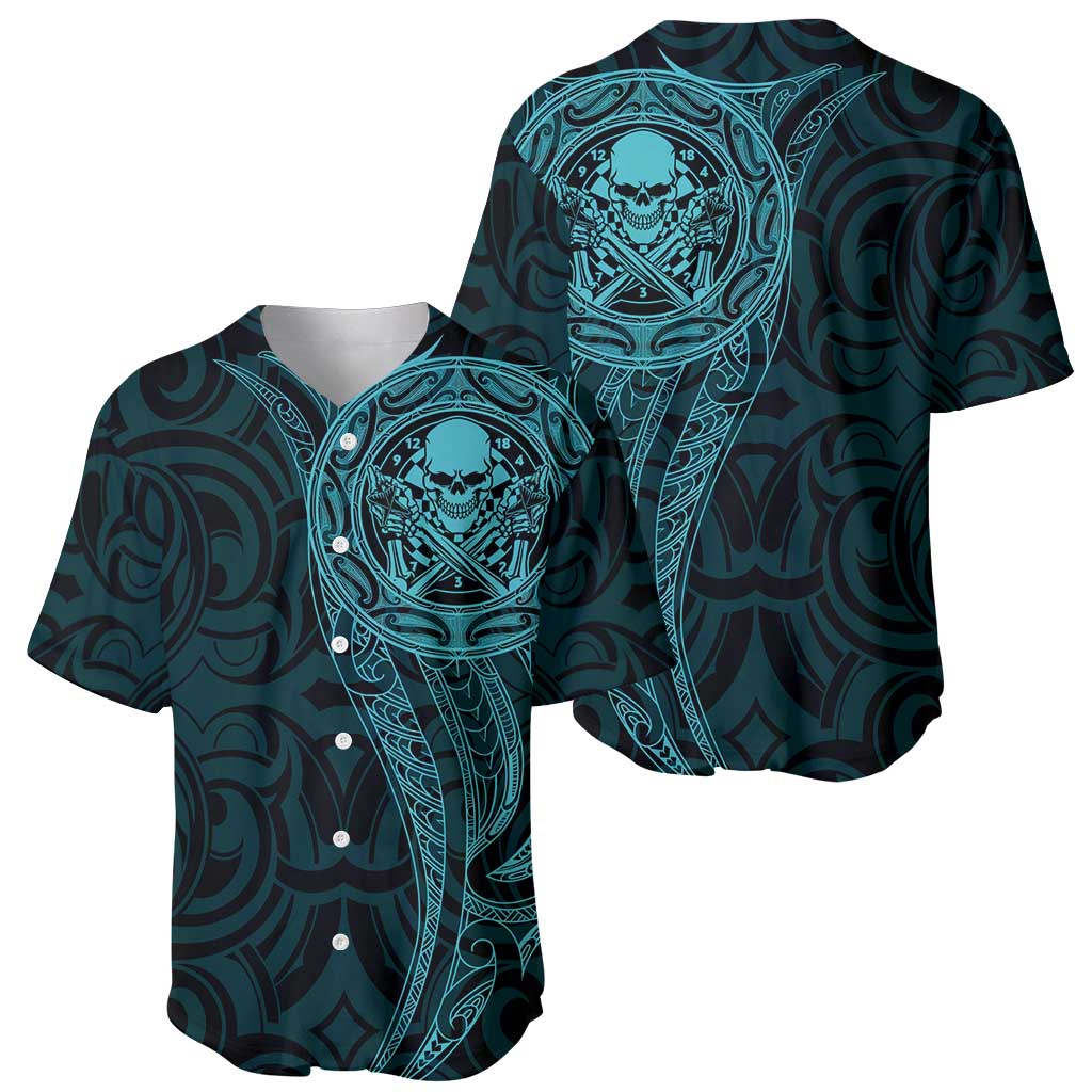 New Zealand Skull Darts Baseball Jersey Aotearoa Maori Chest Tattoo Stylized Teal - Polynesian Pride
