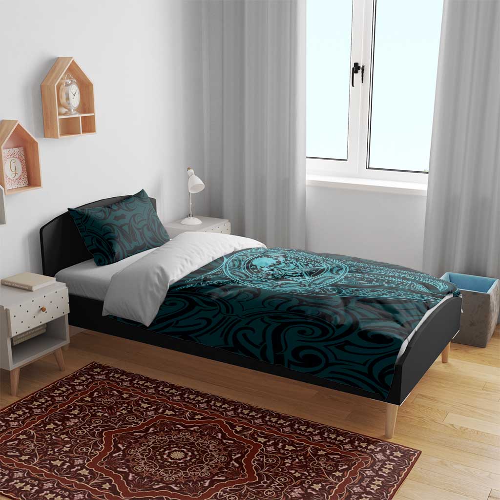 New Zealand Skull Darts Bedding Set Aotearoa Maori Chest Tattoo Stylized Teal - Polynesian Pride
