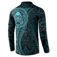 New Zealand Skull Darts Button Sweatshirt Aotearoa Maori Chest Tattoo Stylized Teal - Polynesian Pride
