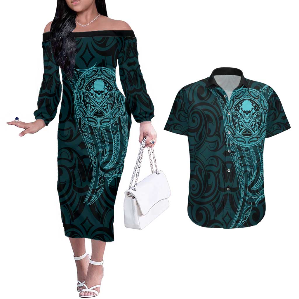 New Zealand Skull Darts Couples Matching Off The Shoulder Long Sleeve Dress and Hawaiian Shirt Aotearoa Maori Chest Tattoo Stylized Teal - Polynesian Pride