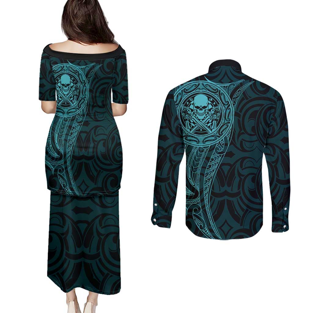 New Zealand Skull Darts Couples Matching Puletasi and Long Sleeve Button Shirt Aotearoa Maori Chest Tattoo Stylized Teal - Polynesian Pride