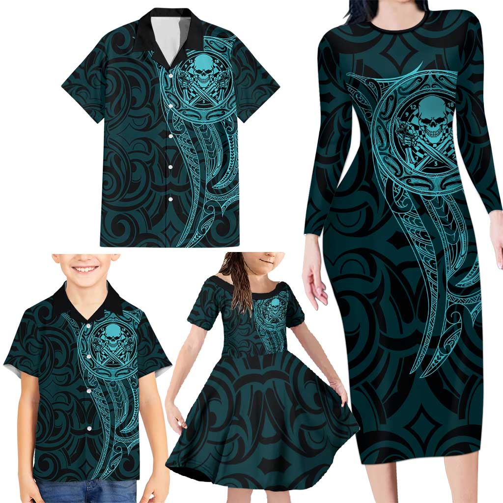 New Zealand Skull Darts Family Matching Long Sleeve Bodycon Dress and Hawaiian Shirt Aotearoa Maori Chest Tattoo Stylized Teal - Polynesian Pride