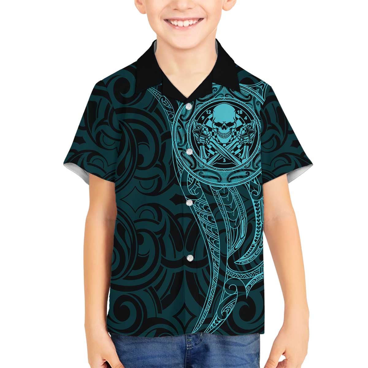 New Zealand Skull Darts Family Matching Off The Shoulder Long Sleeve Dress and Hawaiian Shirt Aotearoa Maori Chest Tattoo Stylized Teal - Polynesian Pride
