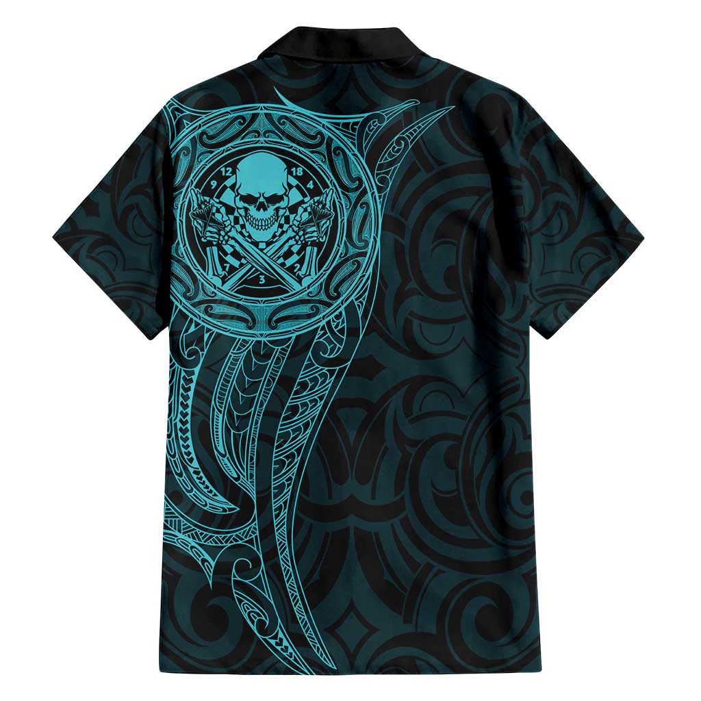 New Zealand Skull Darts Family Matching Off Shoulder Short Dress and Hawaiian Shirt Aotearoa Maori Chest Tattoo Stylized Teal - Polynesian Pride