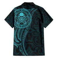 New Zealand Skull Darts Family Matching Puletasi and Hawaiian Shirt Aotearoa Maori Chest Tattoo Stylized Teal - Polynesian Pride