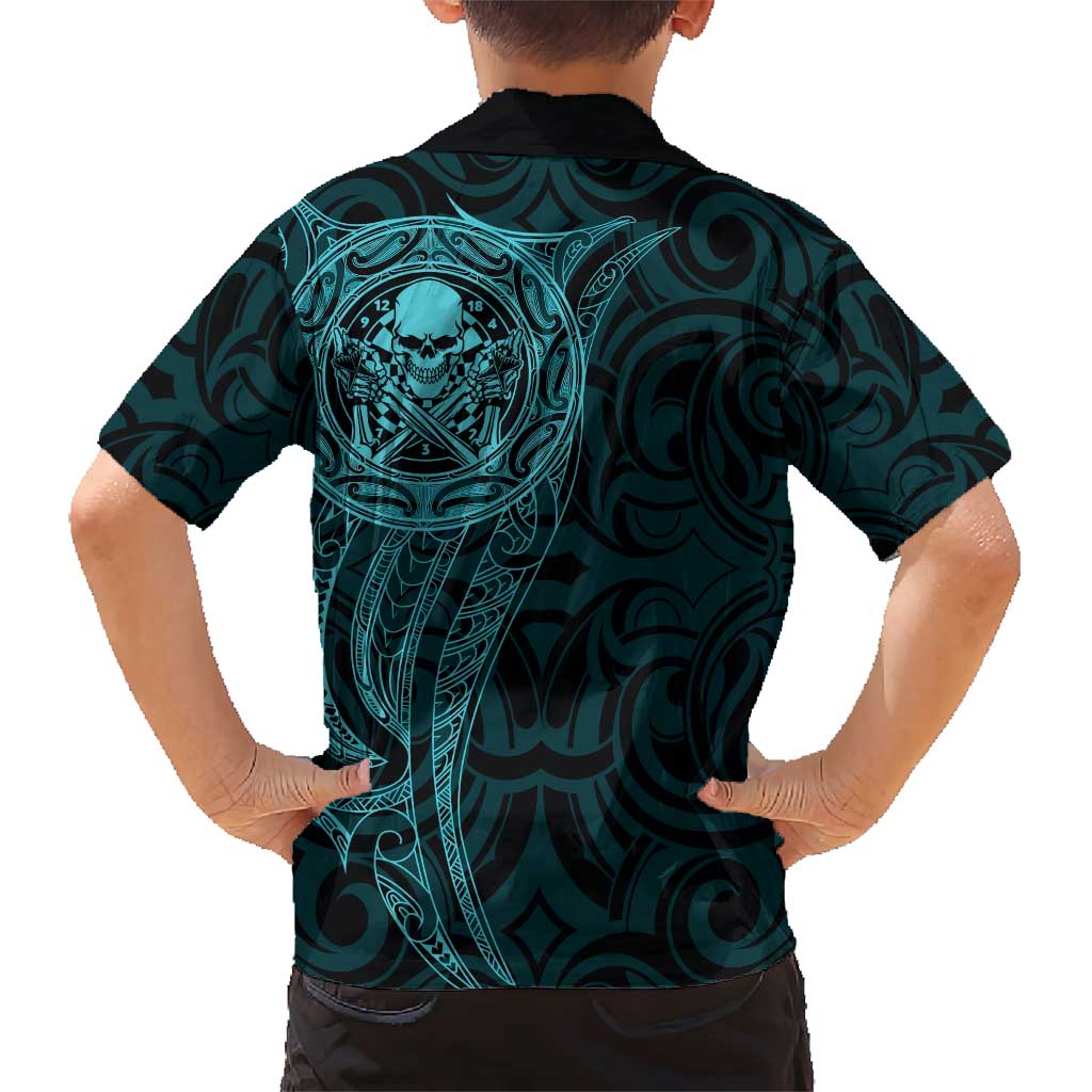 New Zealand Skull Darts Family Matching Short Sleeve Bodycon Dress and Hawaiian Shirt Aotearoa Maori Chest Tattoo Stylized Teal - Polynesian Pride