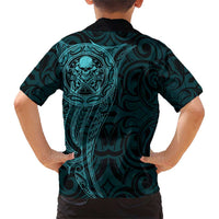 New Zealand Skull Darts Family Matching Short Sleeve Bodycon Dress and Hawaiian Shirt Aotearoa Maori Chest Tattoo Stylized Teal - Polynesian Pride