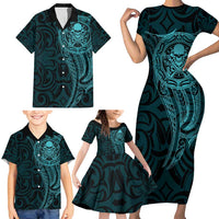 New Zealand Skull Darts Family Matching Short Sleeve Bodycon Dress and Hawaiian Shirt Aotearoa Maori Chest Tattoo Stylized Teal - Polynesian Pride
