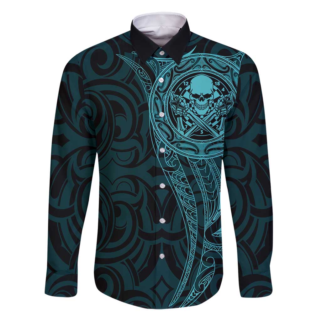 New Zealand Skull Darts Family Matching Summer Maxi Dress and Hawaiian Shirt Aotearoa Maori Chest Tattoo Stylized Teal - Polynesian Pride