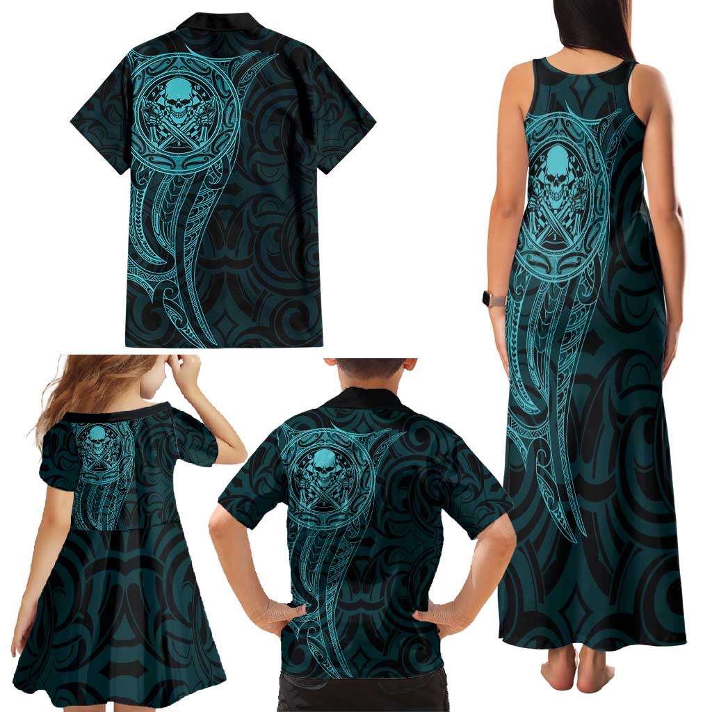 New Zealand Skull Darts Family Matching Tank Maxi Dress and Hawaiian Shirt Aotearoa Maori Chest Tattoo Stylized Teal - Polynesian Pride