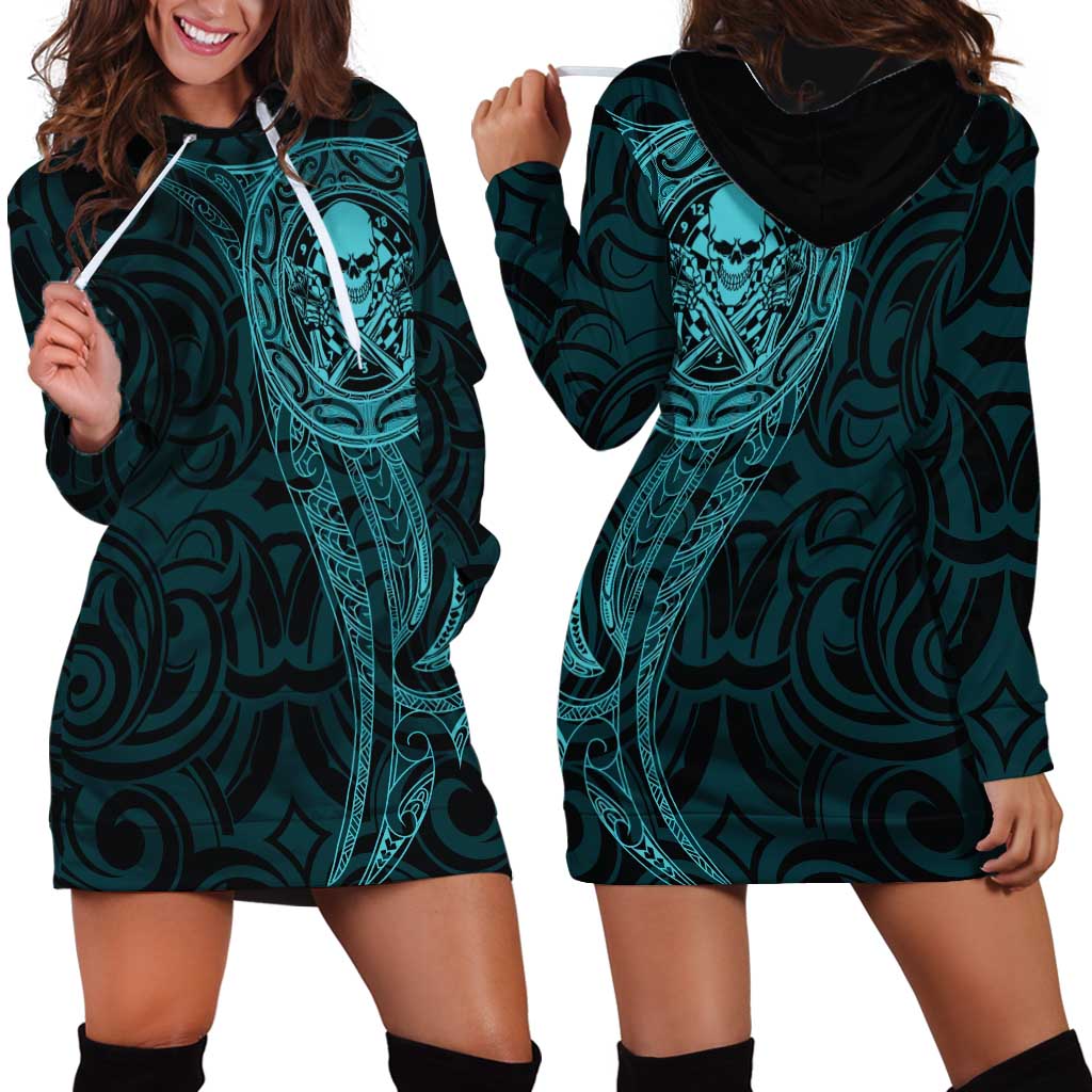 New Zealand Skull Darts Hoodie Dress Aotearoa Maori Chest Tattoo Stylized Teal - Polynesian Pride