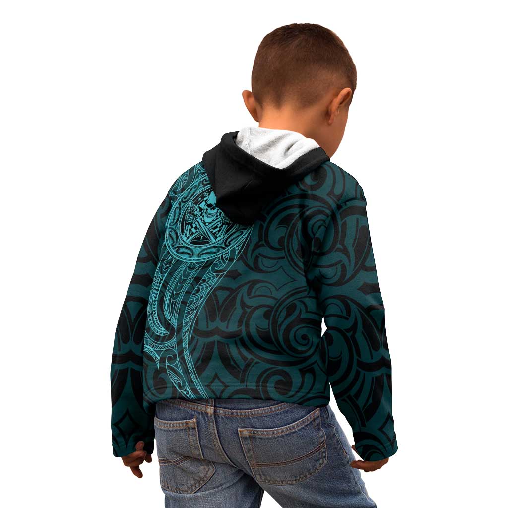 New Zealand Skull Darts Kid Hoodie Aotearoa Maori Chest Tattoo Stylized Teal - Polynesian Pride