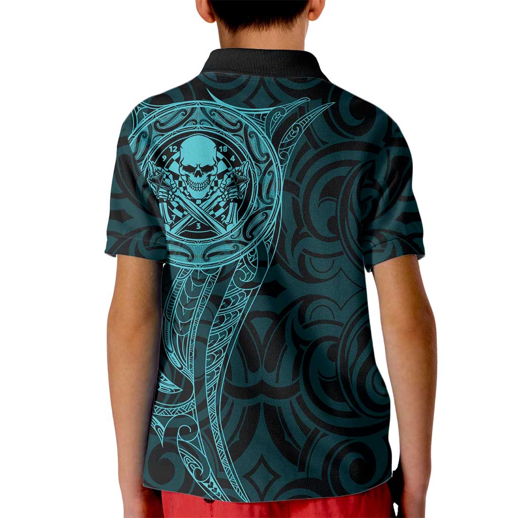 New Zealand Skull Darts Kid Polo Shirt Aotearoa Maori Chest Tattoo Stylized Teal - Polynesian Pride
