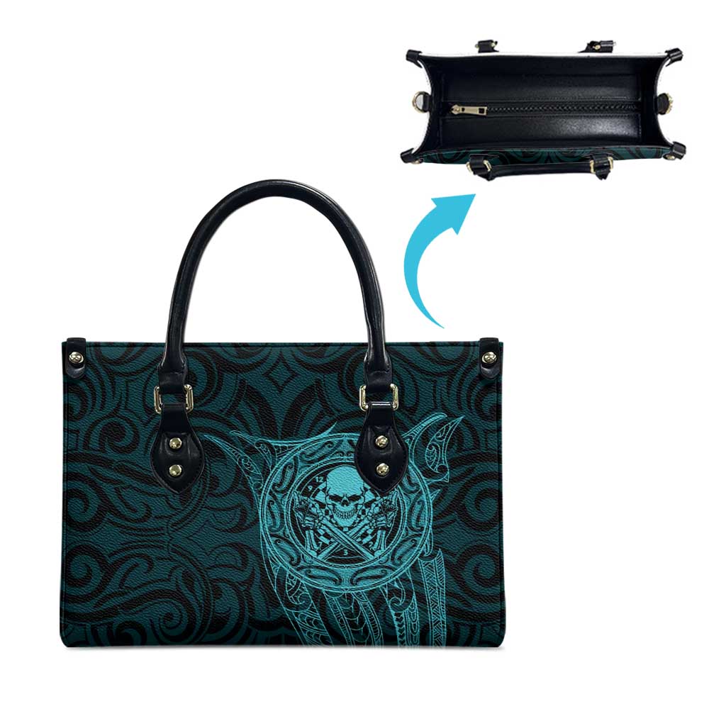 New Zealand Skull Darts Leather Bag Aotearoa Maori Chest Tattoo Stylized Teal - Polynesian Pride