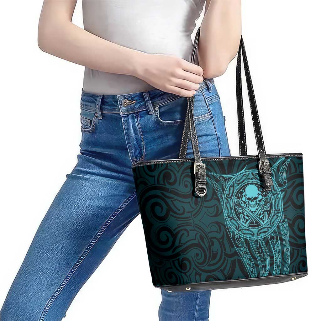 New Zealand Skull Darts Leather Tote Bag Aotearoa Maori Chest Tattoo Stylized Teal - Polynesian Pride