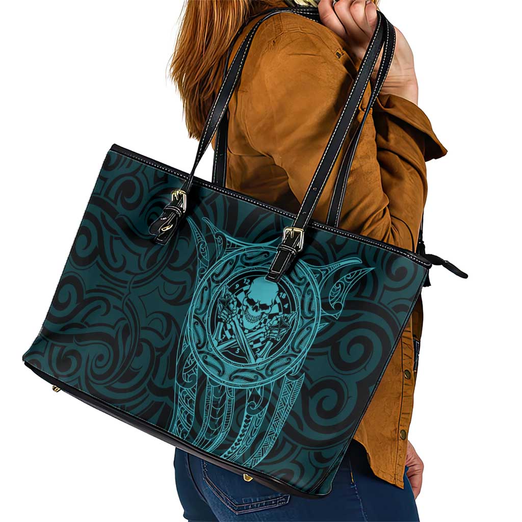 New Zealand Skull Darts Leather Tote Bag Aotearoa Maori Chest Tattoo Stylized Teal - Polynesian Pride