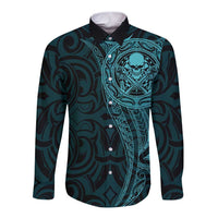 New Zealand Skull Darts Long Sleeve Button Shirt Aotearoa Maori Chest Tattoo Stylized Teal - Polynesian Pride