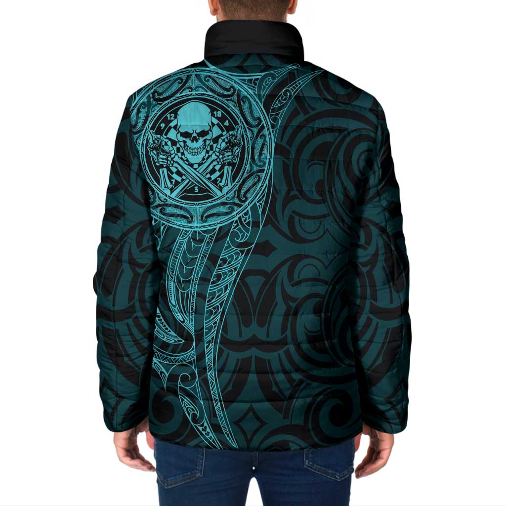 New Zealand Skull Darts Padded Jacket Aotearoa Maori Chest Tattoo Stylized Teal - Polynesian Pride
