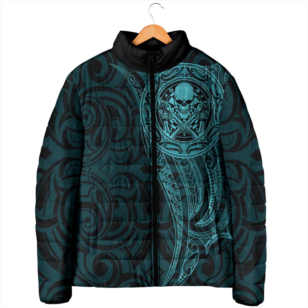 New Zealand Skull Darts Padded Jacket Aotearoa Maori Chest Tattoo Stylized Teal - Polynesian Pride