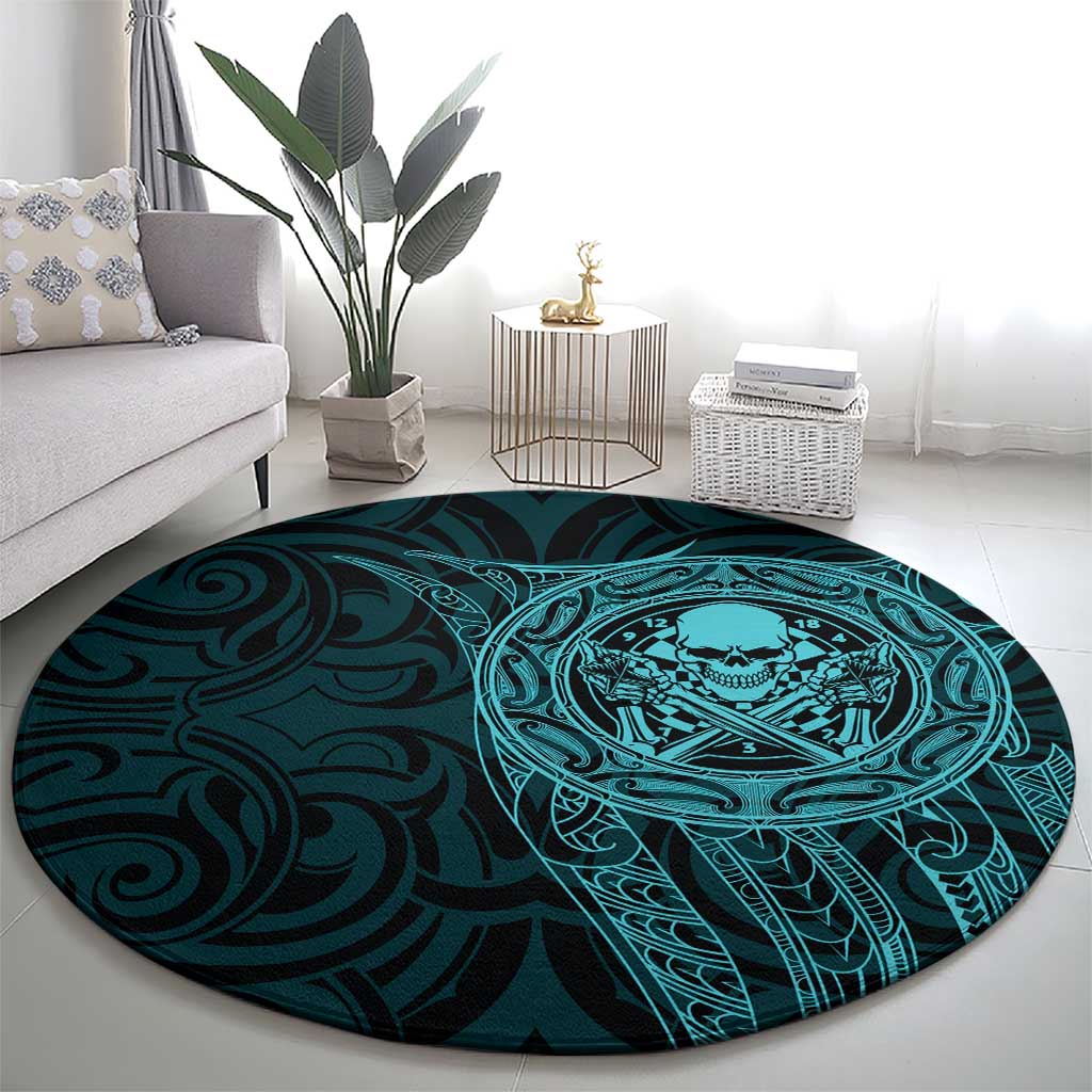 New Zealand Skull Darts Round Carpet Aotearoa Maori Chest Tattoo Stylized Teal - Polynesian Pride