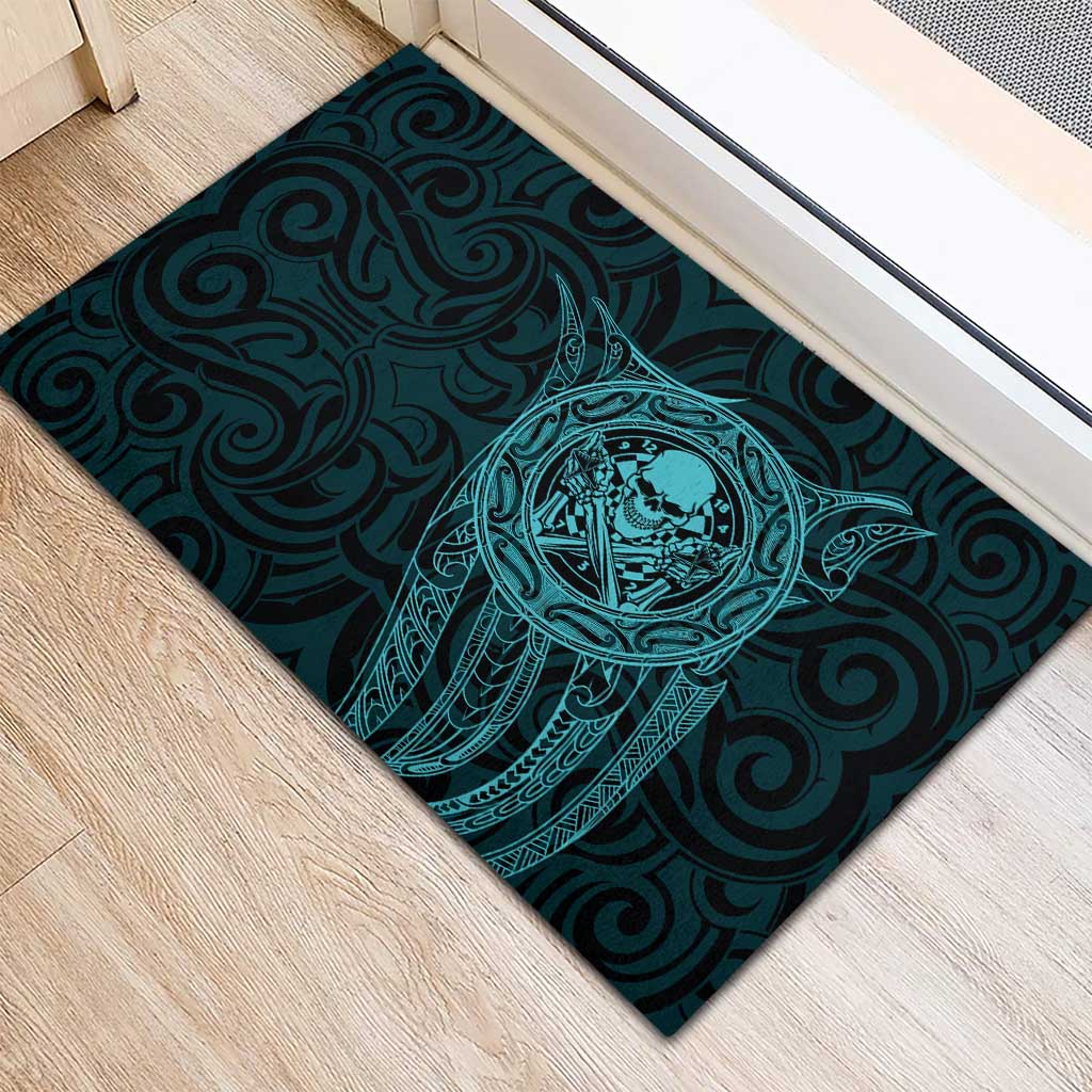 New Zealand Skull Darts Rubber Doormat Aotearoa Maori Chest Tattoo Stylized Teal - Polynesian Pride