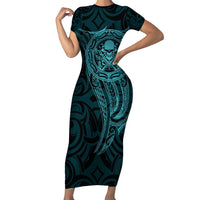 New Zealand Skull Darts Short Sleeve Bodycon Dress Aotearoa Maori Chest Tattoo Stylized Teal - Polynesian Pride