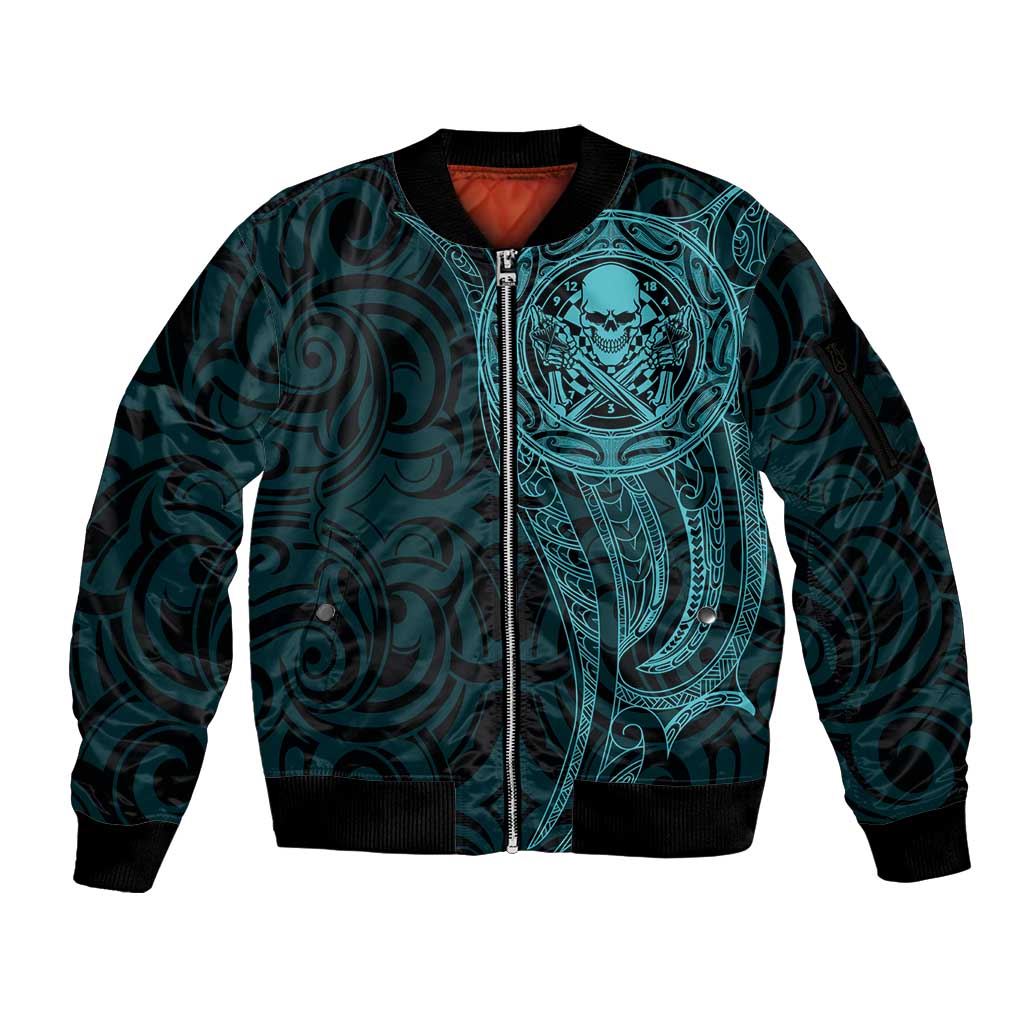New Zealand Skull Darts Sleeve Zip Bomber Jacket Aotearoa Maori Chest Tattoo Stylized Teal - Polynesian Pride